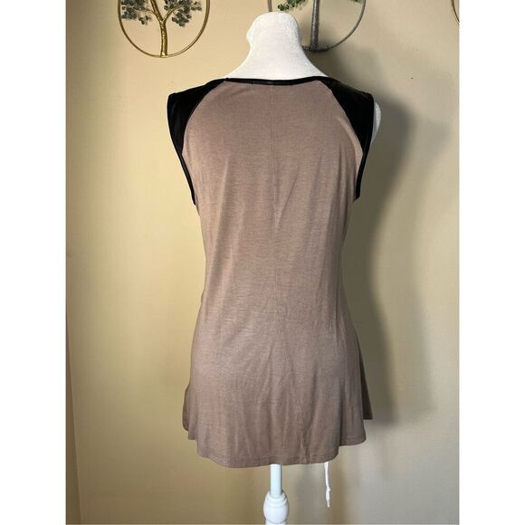 B.L.E.U. Tan Black Studded Long Tank Top w Faux Leather Shoulders Small - Picture 2 of 8